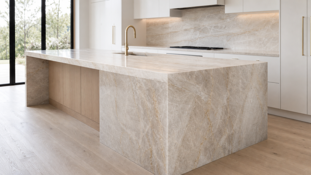warm quartzite countertops Houston kitchen island
